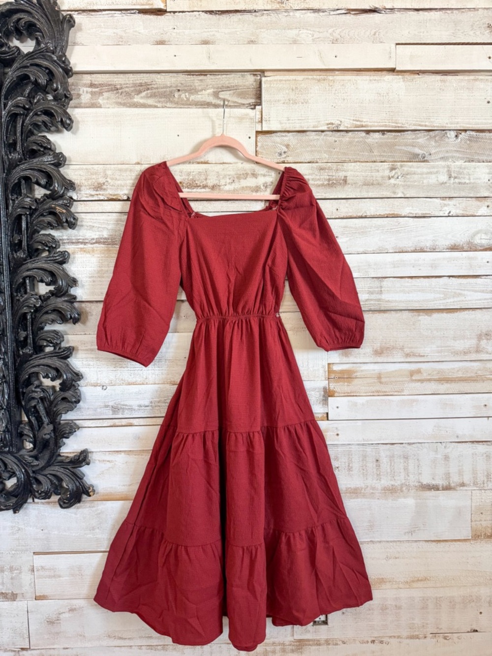 Cinnamon color Puff-Sleeve Tiered Midi Dress - Women